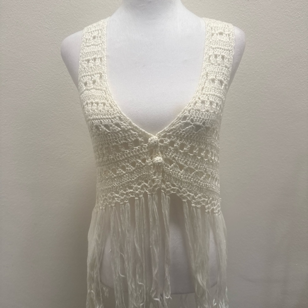 Wet Seal Cecico Off White Fringe Button Down Crochet Vest